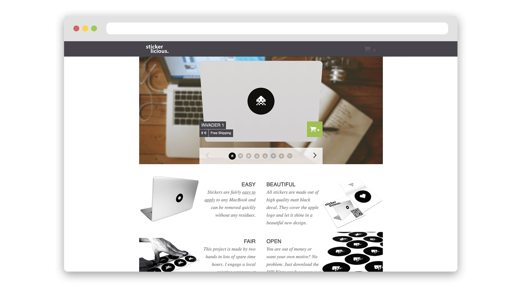 screenshot of the stickerlicious online shop for macbook stickers