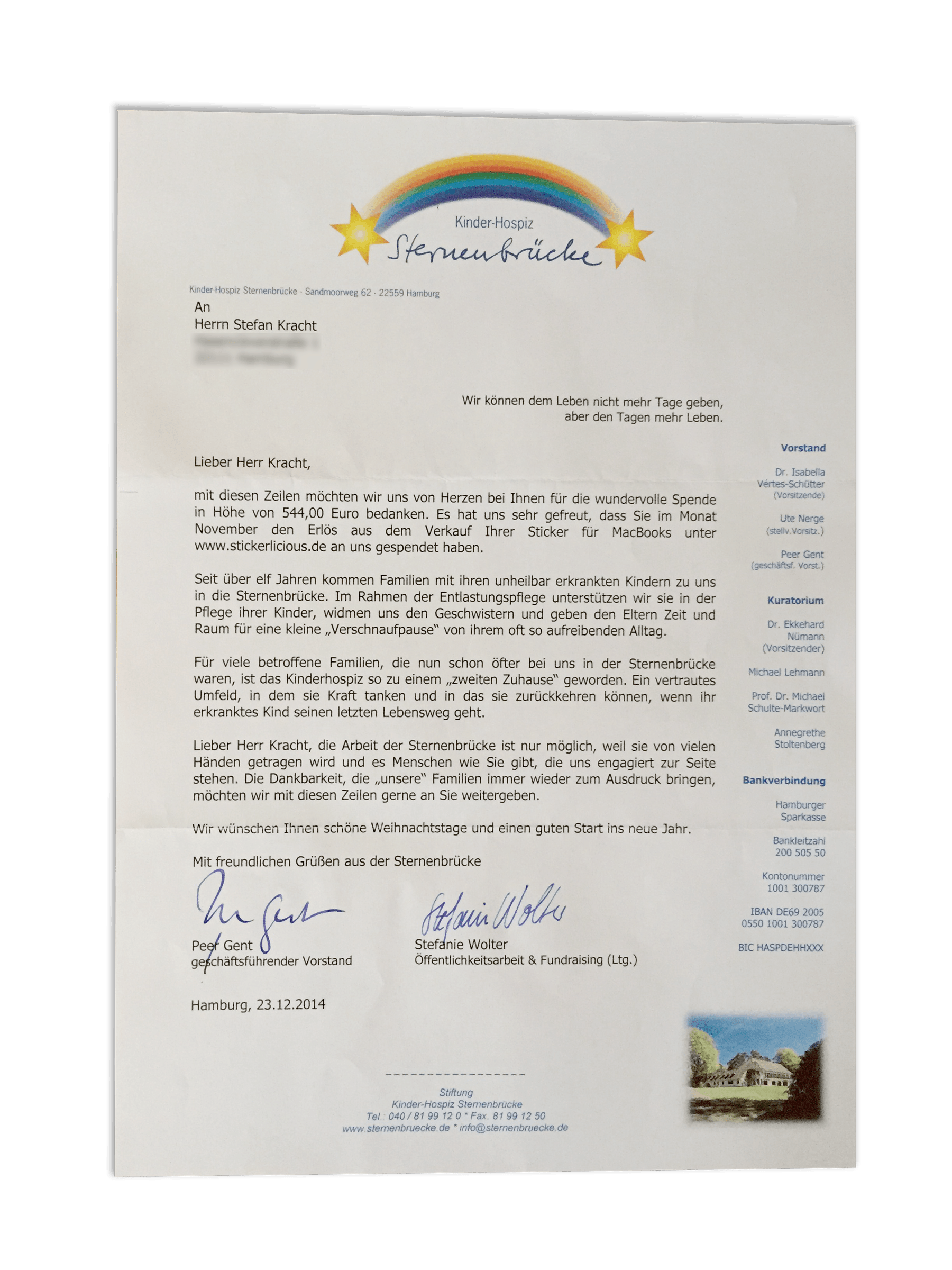 A thank you letter from the children’s hospice Sternenbrücke