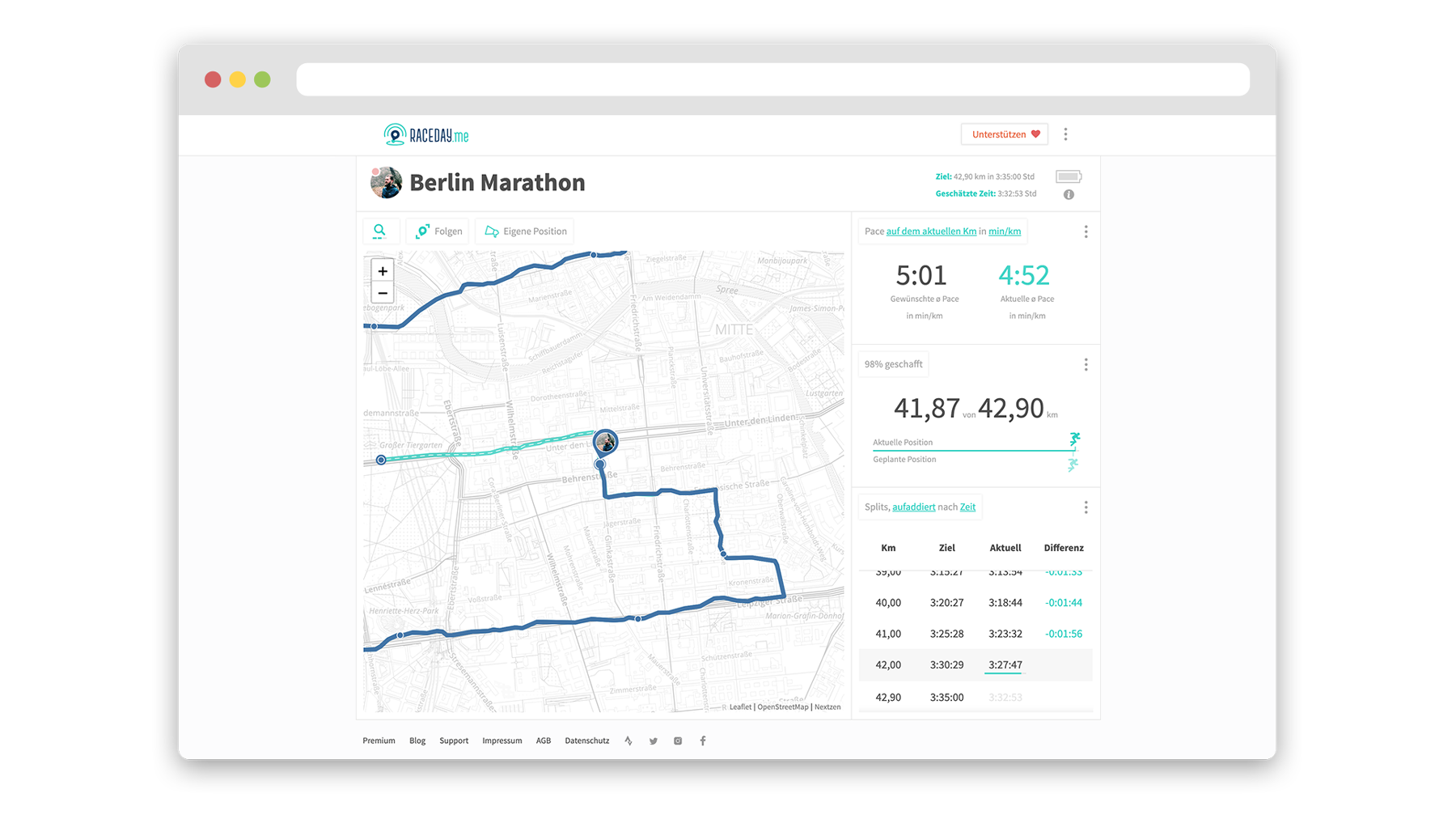screenshot of the racerday.me website that shows a demo of a marathon live tracking