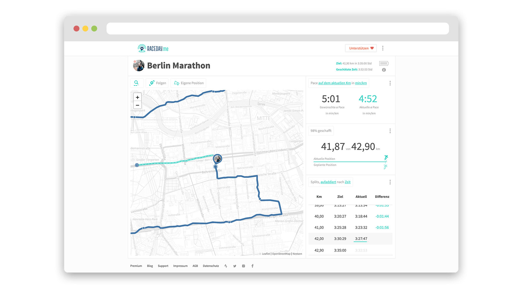 screenshot of the raceday.me website showing a marathon live tracking demo