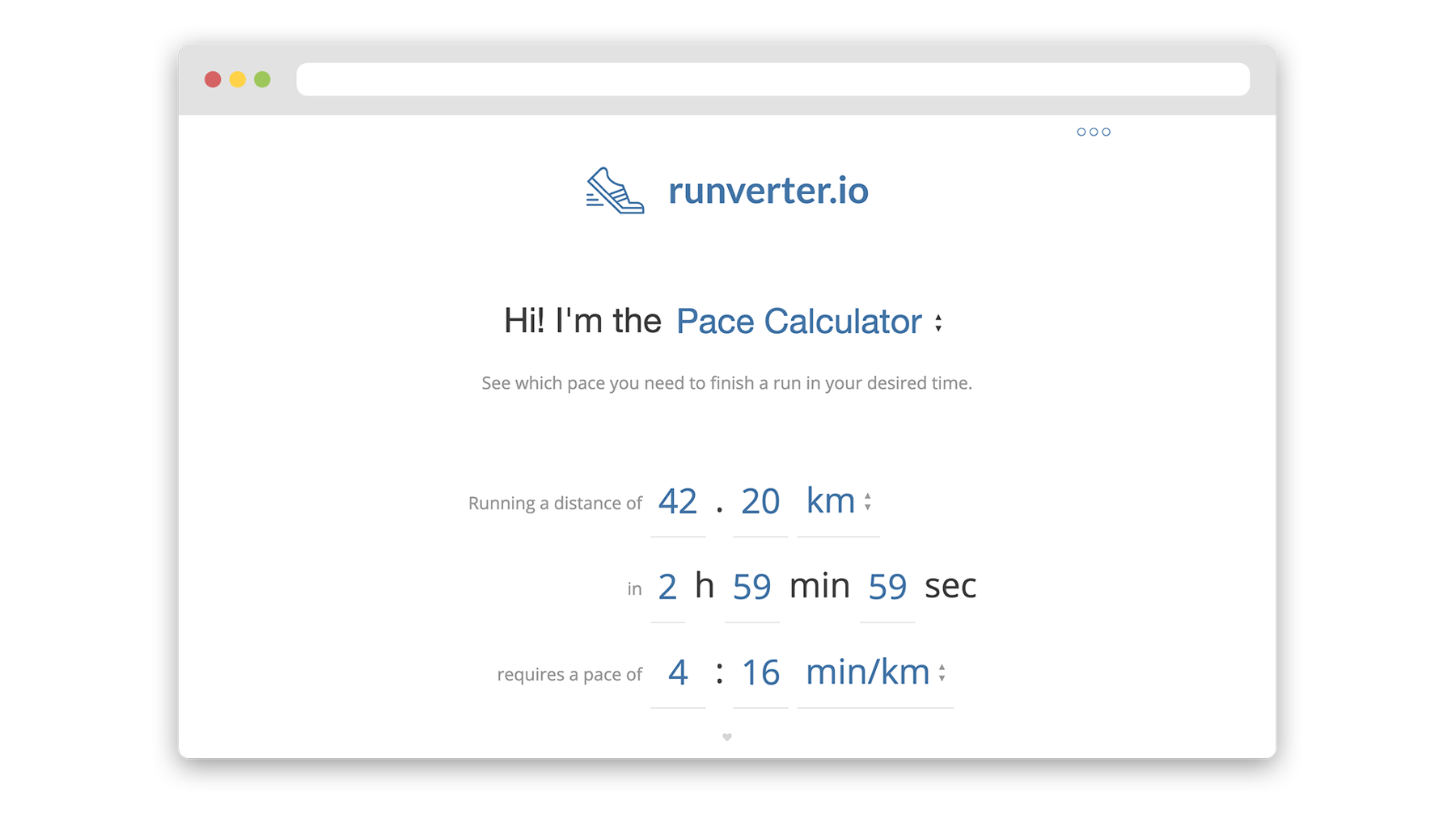 screenshot of the runverter.io website that shows a pace calculator